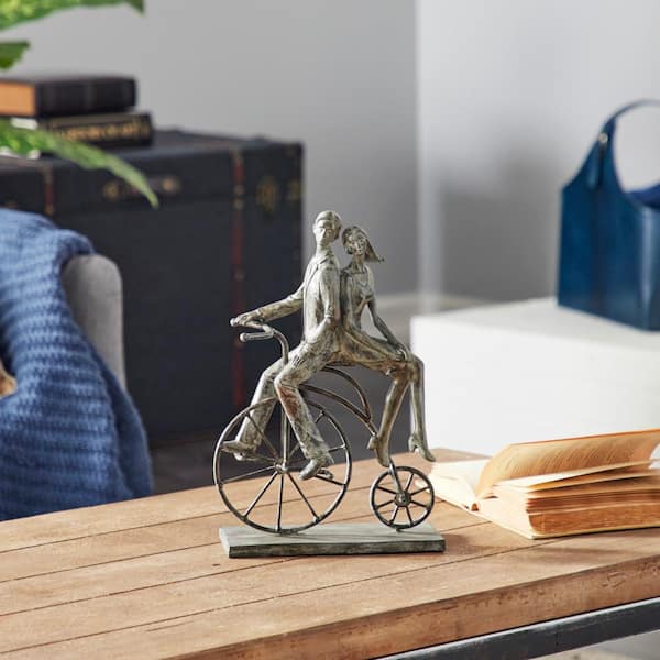 5 in. x 13 in. Gray Polystone People Sculpture with Bike