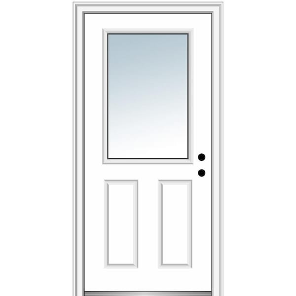 MMI Door 34 in. x 80 in. Left-Hand Inswing 1/2-Lite Clear 2-Panel Primed Fiberglass Smooth Prehung Front Door on 6-9/16 in. Frame