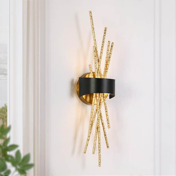 Munaskrerio 1-Light Black Integrated LED Linear Wall Sconce with Hammered Metal Strips and Goldleaf Accents