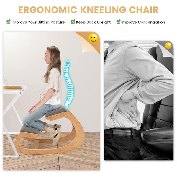 Costway Ergonomic Kneeling Chair Wooden Rocking Chair with Comfortable Padded Seat Cushion Knee Support for Back Pain Relief Gray