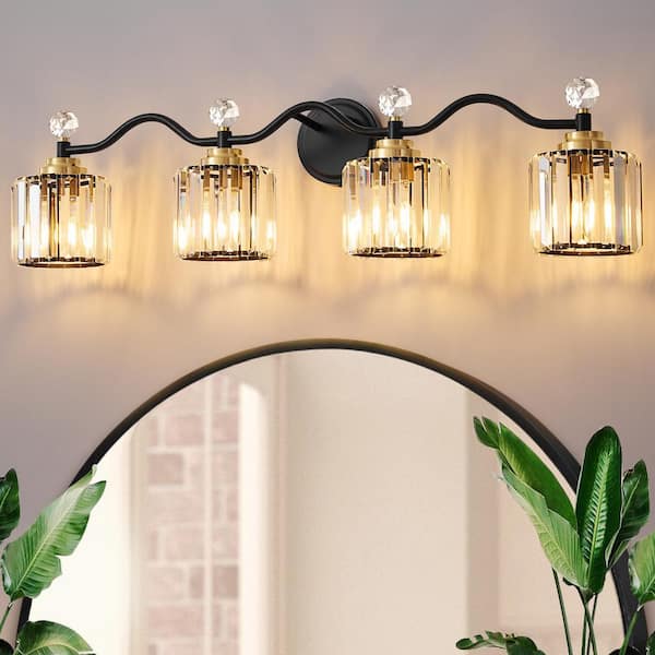 Modern Luxury 34.8 in. 4-Light Black and Gold Vanity Light with Crystal Shade for Bathroom