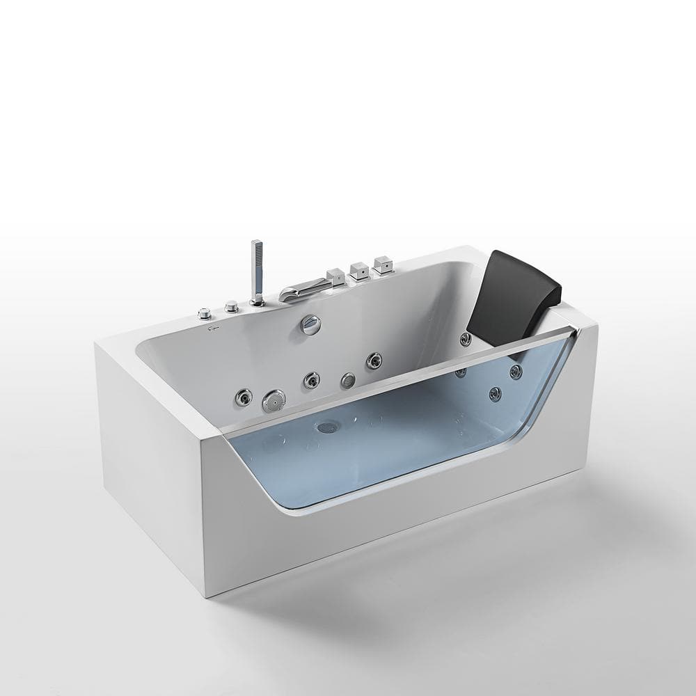 59-Inch White Acrylic Rectangular Whirlpool Bathtub with Jets and Blue Glass Panel