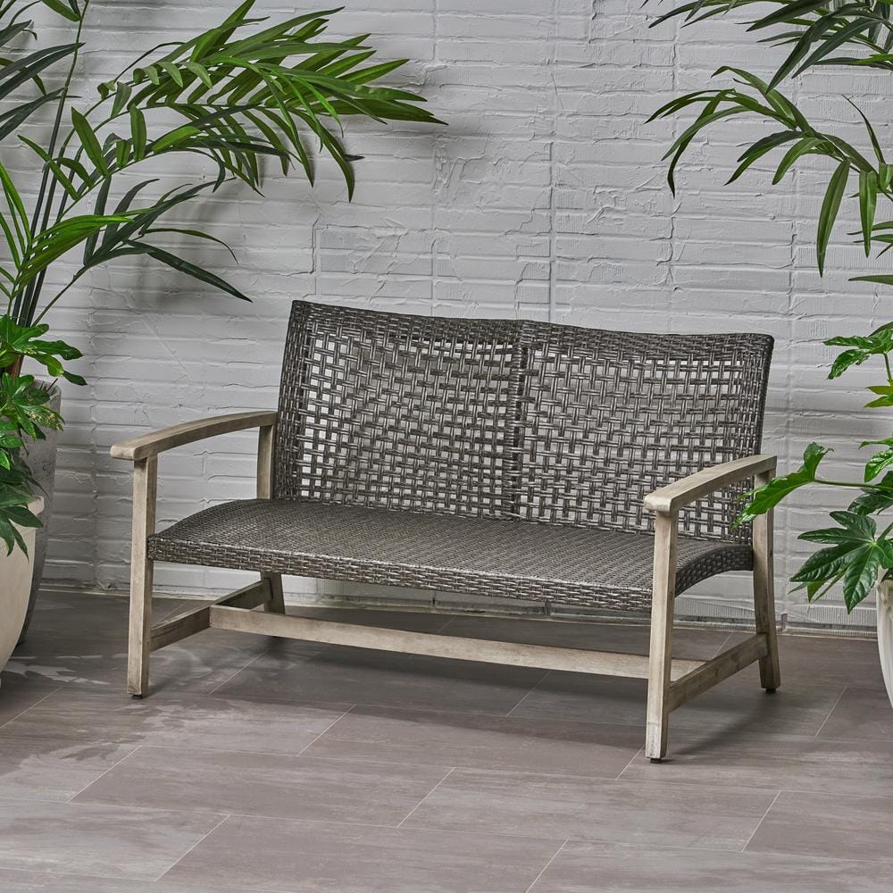 Light Gray Wash Wicker and Wood Two-Seater Outdoor Loveseat