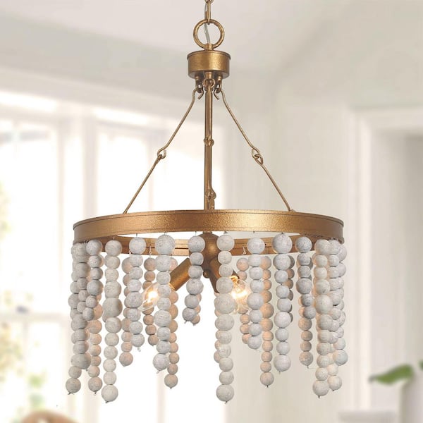 3-Light Antique Gold Drum Chandelier with Weathered White Wood Beads