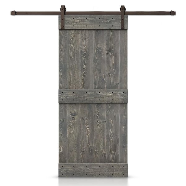 CALHOME 28 in. x 84 in. Distressed Mid-Bar Series Weather Gray Stained DIY Wood Interior Sliding Barn Door with Hardware Kit