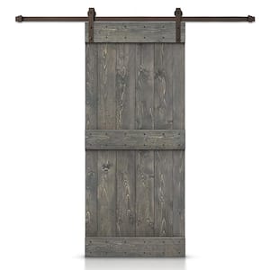 Distressed Mid-Bar 24in. x 84in. Weather Gray Stained Solid Knotty Pine Wood Interior Sliding Barn Door w/ Hardware Kit