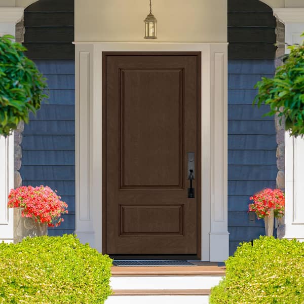 Regency 36 in. x 80 in. 2-Panel 3/4-Squaretop LHIS Hickory Stained Fiberglass Prehung Front Door