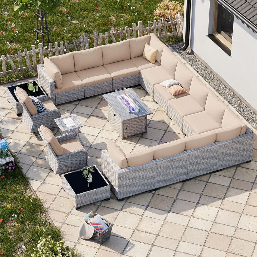 18-Piece Wicker Patio Conversation Set with Fire Pit Table and Top Table. Swivel Rocking Chairs with Beige Cushions price history on PriceWatchPro