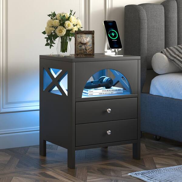 Spaco Black 2 Drawers Nightstand with USB Charging Ports and LED Lights, 17.7''Wx15.7''Dx22.8''H
