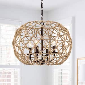 Trellis 20 in. 4-Light Rustic Natural Jute Rope Woven Globe Pendant Light with Brown Canopy