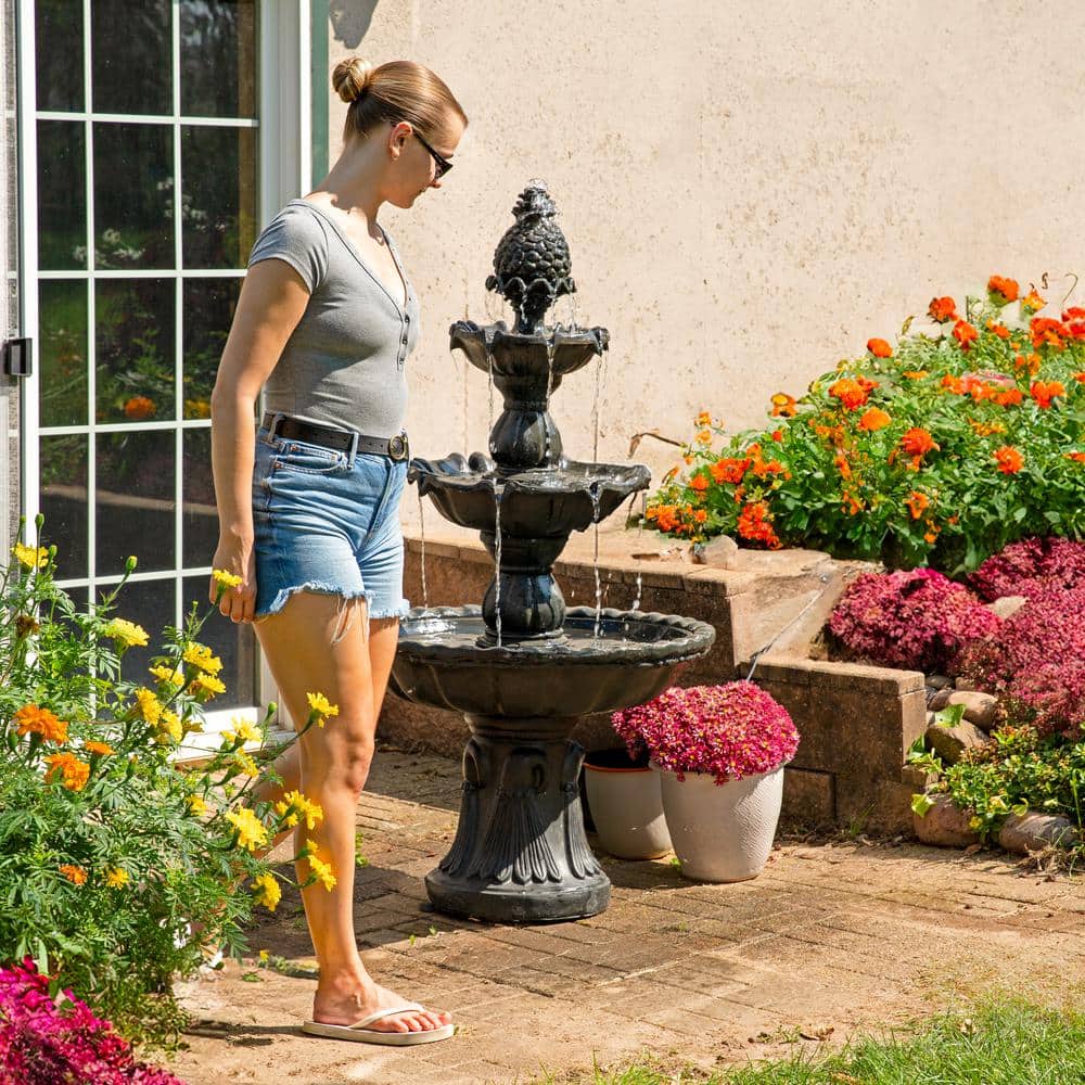 Deep Espresso 3-Tier Fiberglass Outdoor Water Fountain with Pineapple Top