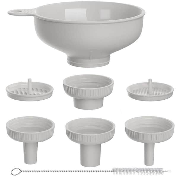 Food Grade Plastic Versatile Wide Mouth Funnel Set of 6 for Kitchen Use with 4 Size Spouts and 2 Strainers Grey