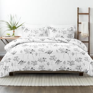 Premium Down Alternative Light Gray Magnolia Grey Patterned Microfiber King Comforter Set