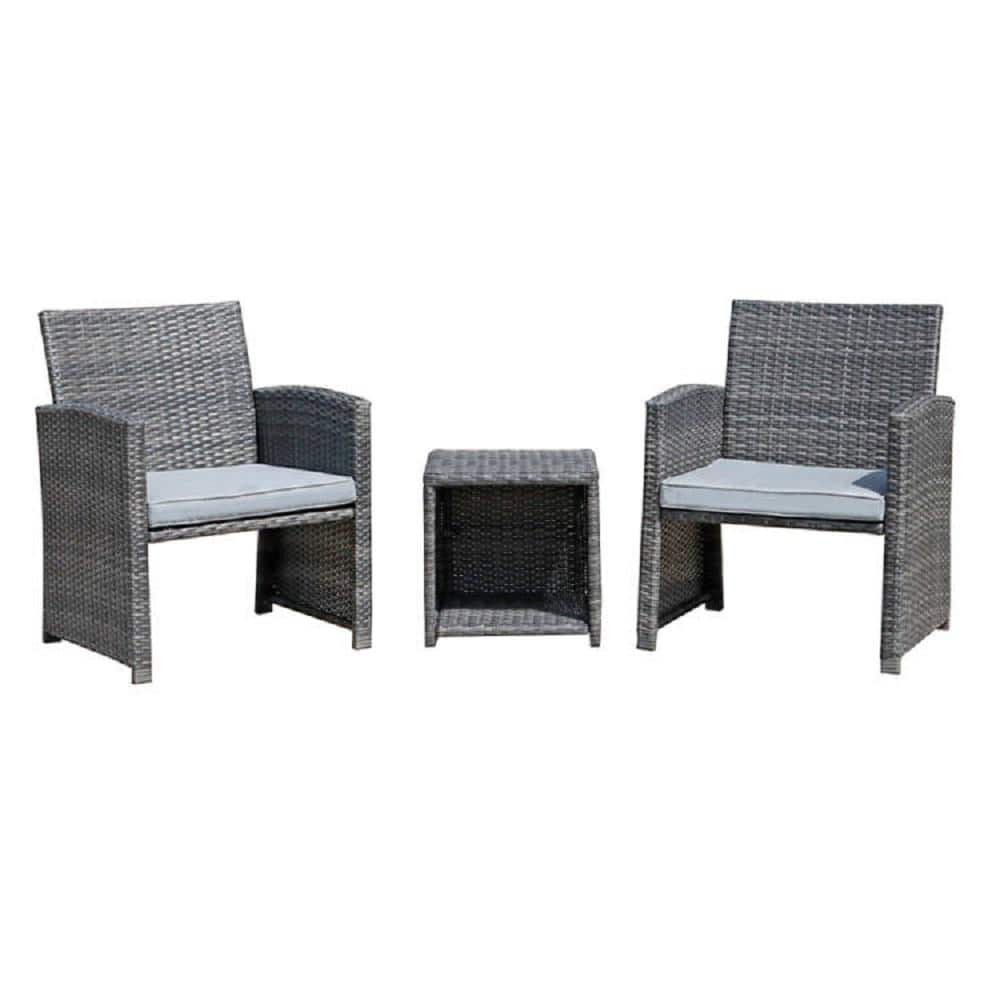 3-Piece Wicker Outdoor Bistro Set with Grey Cushions