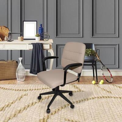 Beige Retro Style Leather Office Chair Swivel Leisure Chair Task Chair With Roller