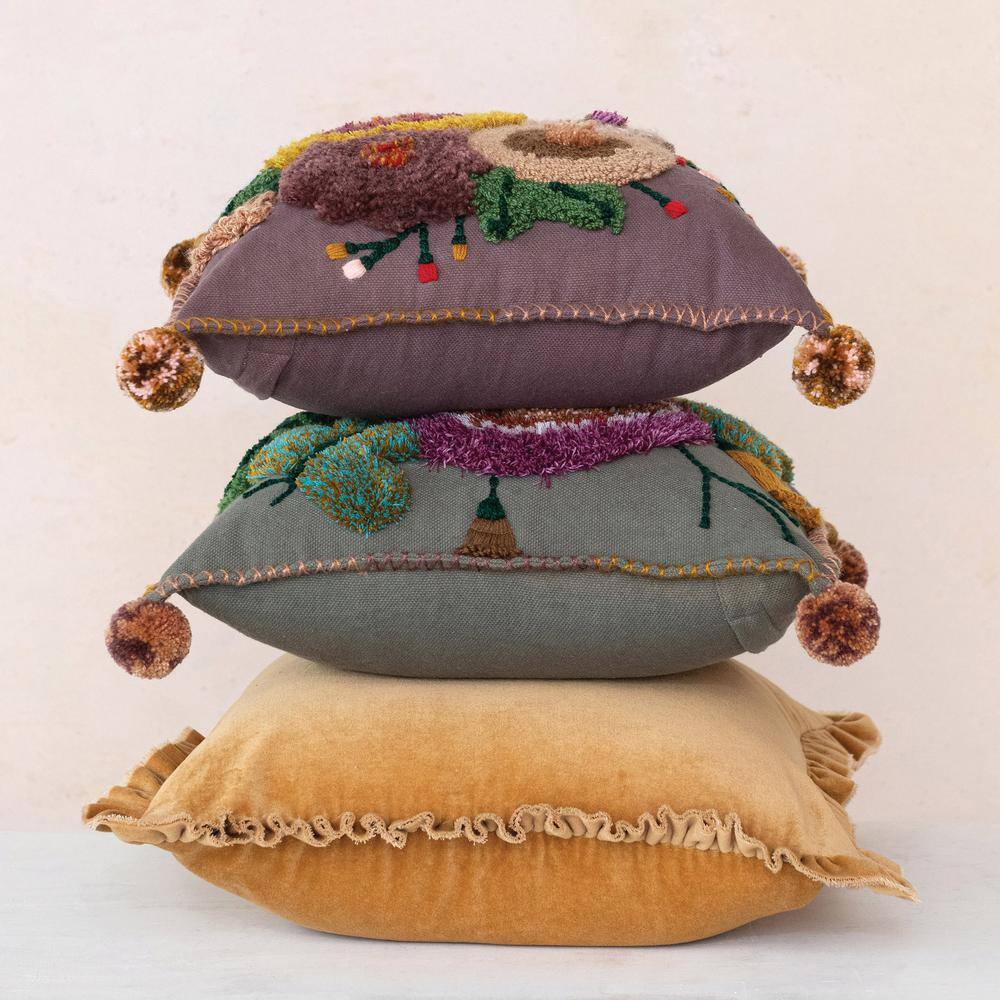 Embroidered Multicolor Floral Cotton Square Throw Pillows Set