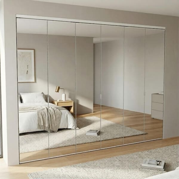 96 in. x 84 in. Polished Edge Mirror Solid Core MDF Interior Closet Bi-Fold Door with White Trim