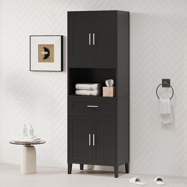 Black 70.9 in. H Tall Bathroom Cabinet, Linen Cabinet with 2 Adjustable Shelves, a Drawer and 4 Soft-Close Doors