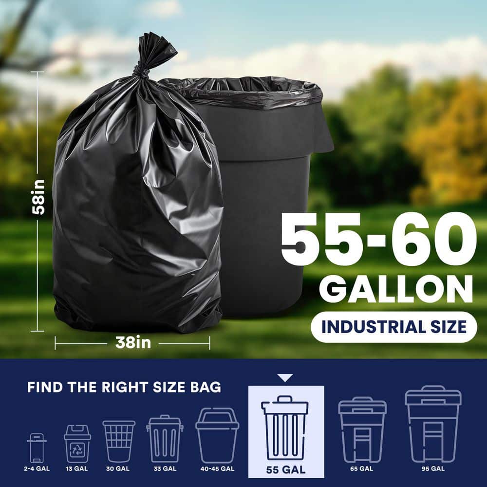 Heavy-Duty Black 60-Gallon Contractor Trash Bags with Tie Closure