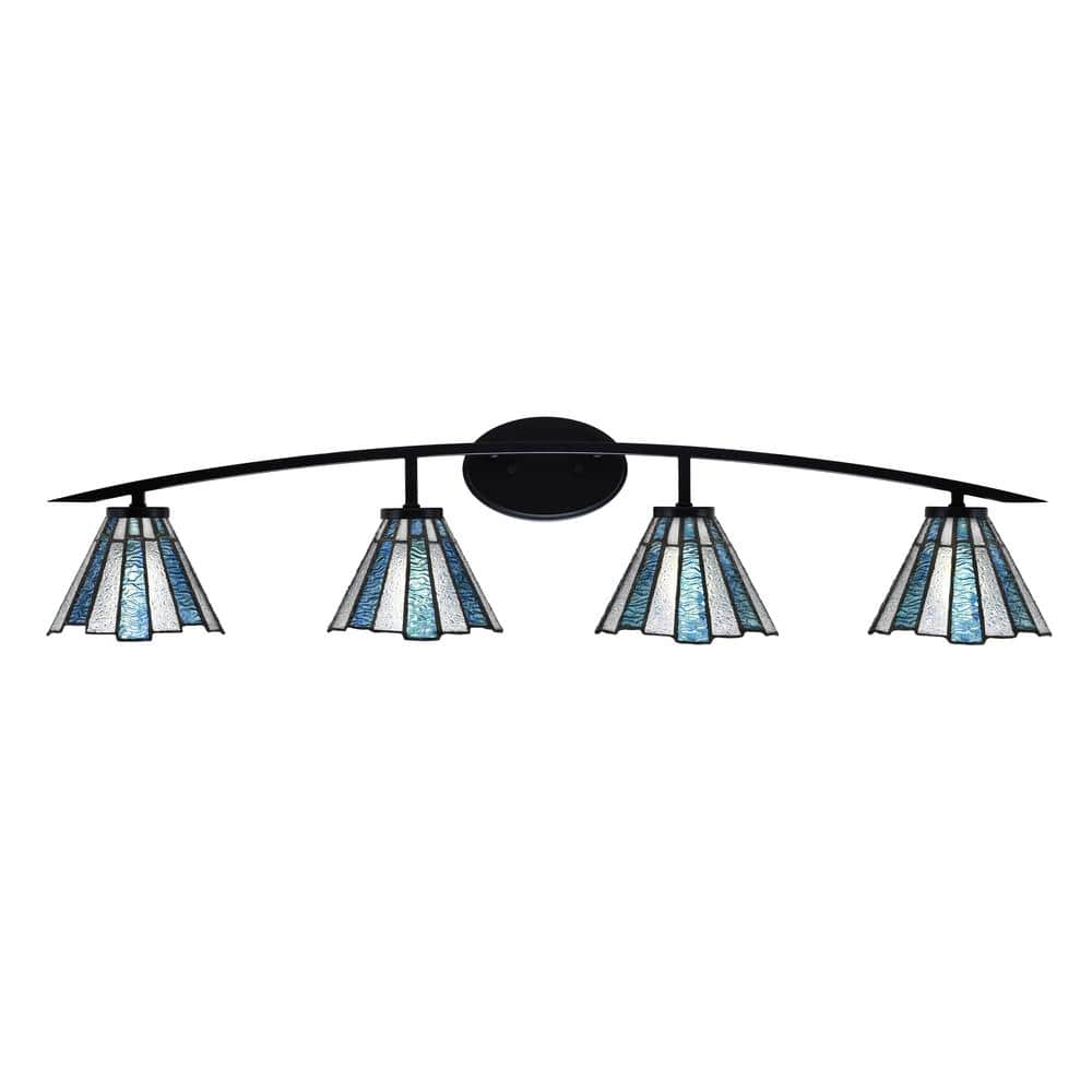 Siena 40 in. 4-Light Matte Black Vanity-Light with 7 in. Sea Ice Art Glass 