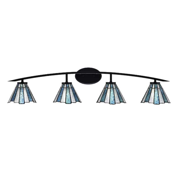 Unbranded Siena 40 in. 4-Light Matte Black Vanity-Light with 7 in. Sea Ice Art Glass Shades No Bulbs Included