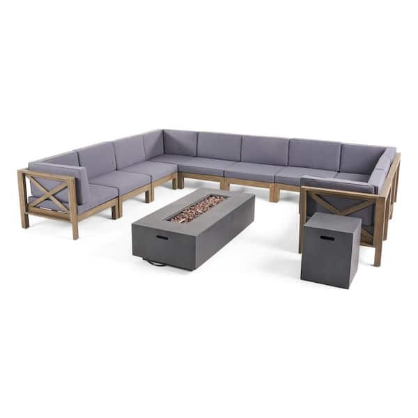 Noble House Brava Dark Grey 12-Piece Wood Patio Fire Pit Sectional Seating Set with Grey Cushions