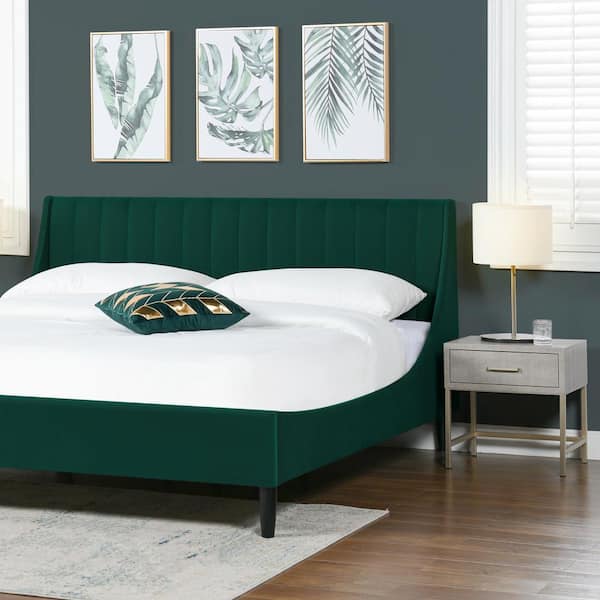 Aspen 79 in. Velvet Vertical Tufted Upholstered King Modern Platform Bed Frame with Headboard in Evergreen