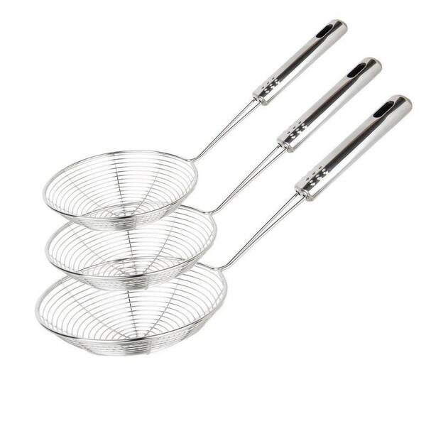 Silver Stainless Steel Spider Strainer Strainer Ladle Wire Skimmer Spoon with Handle for Kitchen Frying Food, (Set of 3)