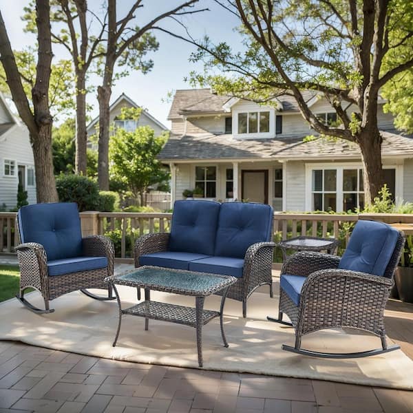5-Piece Brown Wicker Patio Conversation Set with Blue Cushions and Loveseat Side Table Flat Handrail Rocking Chairs