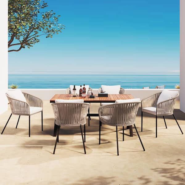 Sudzendf Beige 7-Piece Metal Outdoor Dining Set with Beige Cushions and Acacia Wood Tabletop