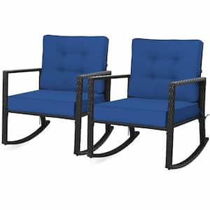Wicker Outdoor Rocking Chair Patio Rattan Single Chair Glider with Navy Cushion (2-Pieces)