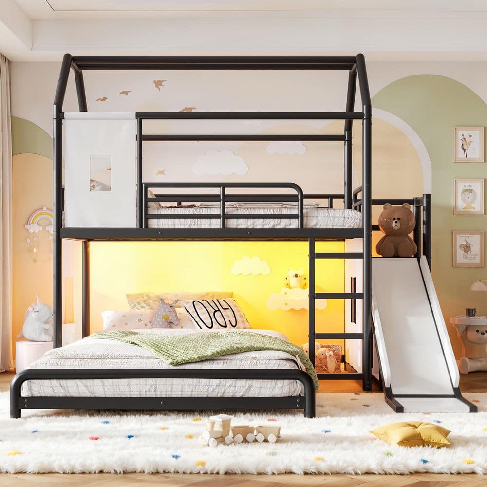 Black Twin Top Bed over Full Bunk Bed with Slide, Ladder and LED Light Strip price history on PriceWatchPro