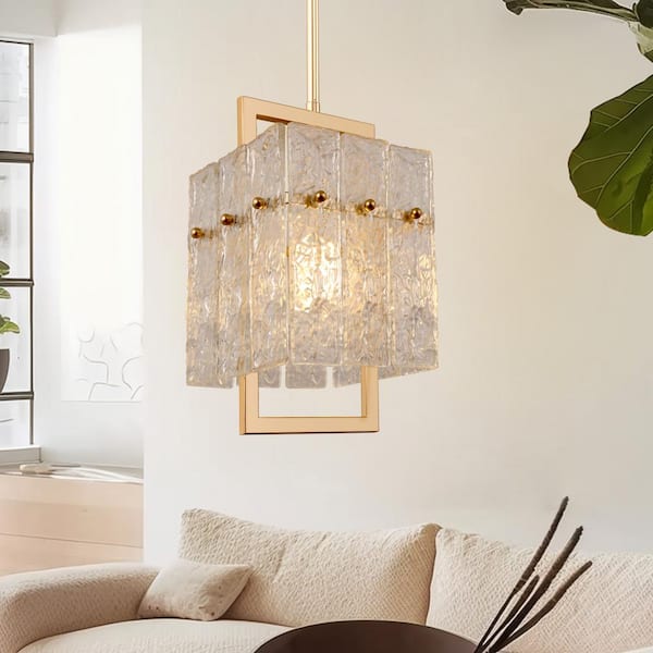 YANSUN 7 in. 1-Light Gold Pendant Light with Seeded Glass Shade, Adjustable Height Rectangle Chandelier for Kitchen Island