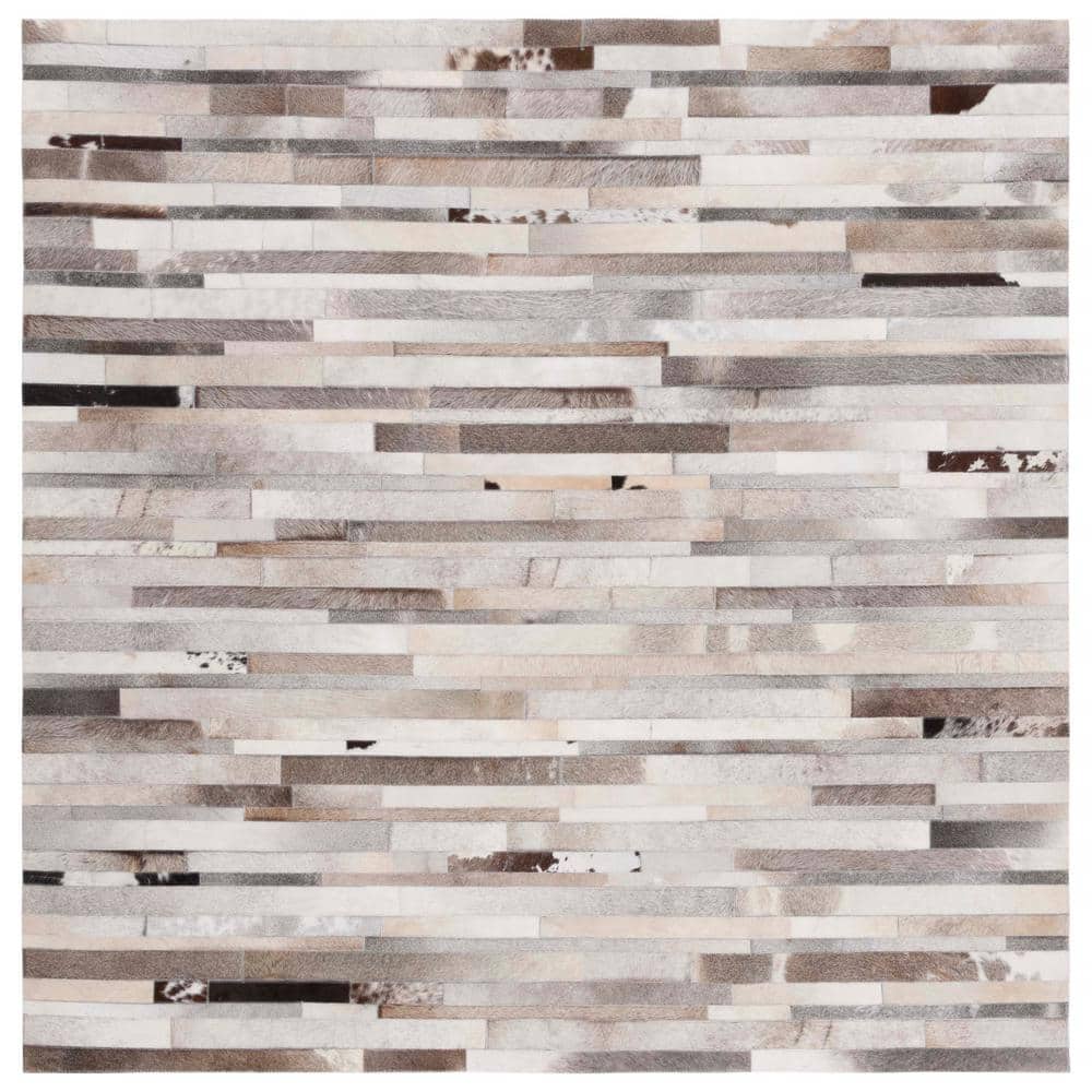 Hand-Knotted Gray Geometric Cowhide 6' Square Rug