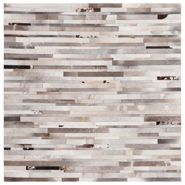 SAFAVIEH Studio Leather Gray Ivory 6 ft. x 6 ft. Striped Abstract Square Area Rug