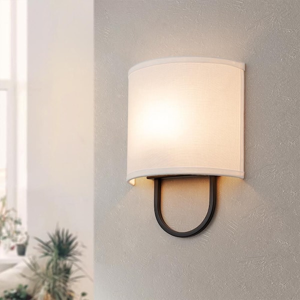 Eira 9.4 in. 1-Light Matte Black Wall Sconce with Fabric Line Shade for Bedroom, Hallway