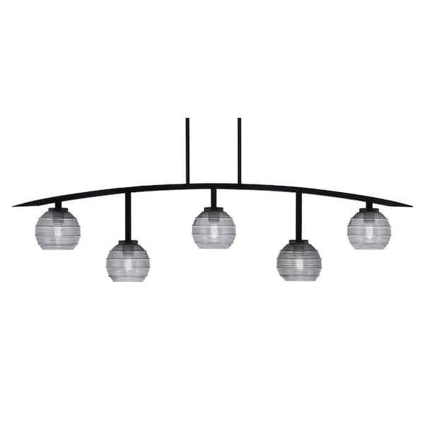 Siena 5-Light Matte Black Billiard-Light with Smoke Ribbed Glass Shades