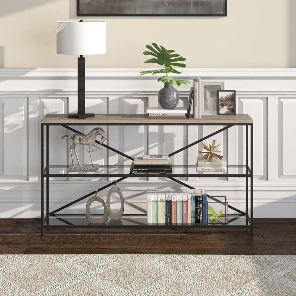 Fionn Blackened Bronze & Antiqued Gray Oak 55" Console Table with Glass Shelves