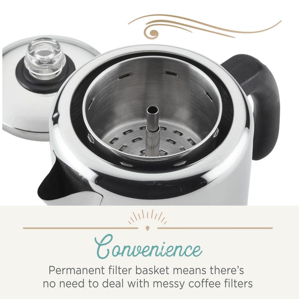 Classic Stainless Steel 12-Cup Coffee Percolator with Blue Glass Knob