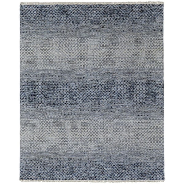 2 ft. x 3 ft. Ivory Gray and Blue Wool Hand Knotted Area Rug With Fringe