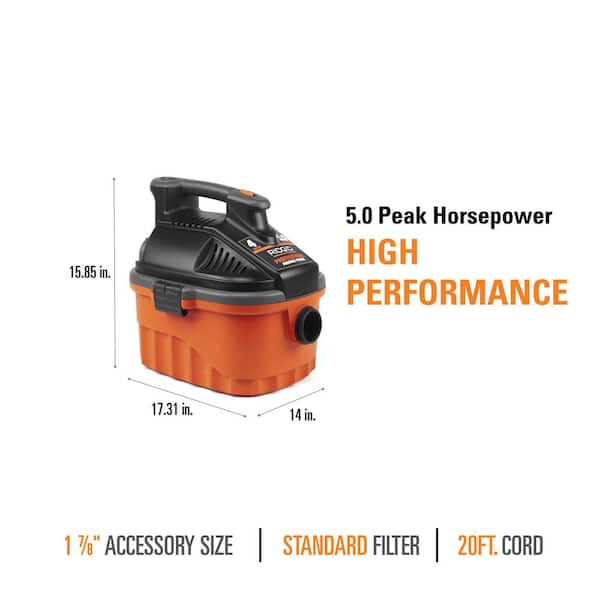 RIDGID - 4 Gal. 5.0-Peak HP Portable Wet/Dry Shop Vacuum with Filter, Dust Bag, Locking Hose and Car Nozzle