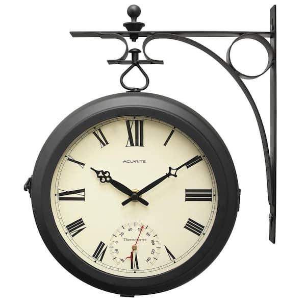 AcuRite 9-in. Indoor/Outdoor Double-Sided Hanging Clock with 360° Spin Functionality, Iron Metal Frame and Thermometer
