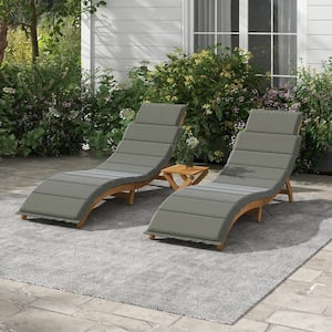3-Piece Wood Outdoor Chaise Lounge Set with Grey Cushions and Table