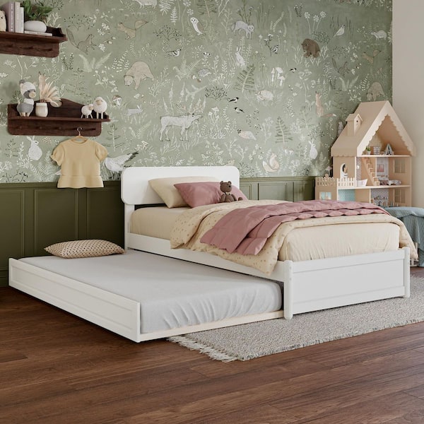 AFI Capri White Solid Wood Frame Twin Platform Bed with Panel Footboard and Twin Trundle
