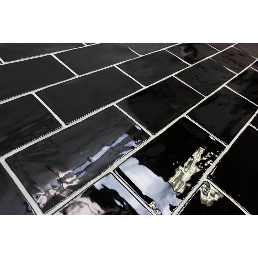 Messi Black Polished Ceramic Subway Wall Tile 3x6