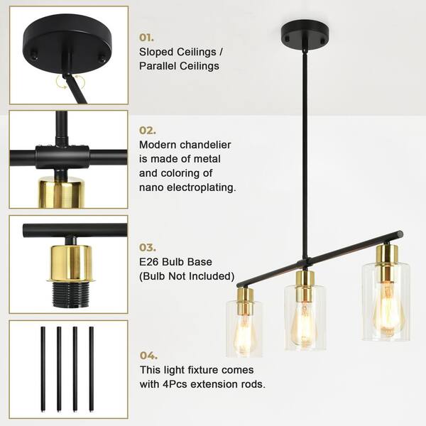 LWYTJO Delmis 3 Light Black/Gold Pendant Kitchen