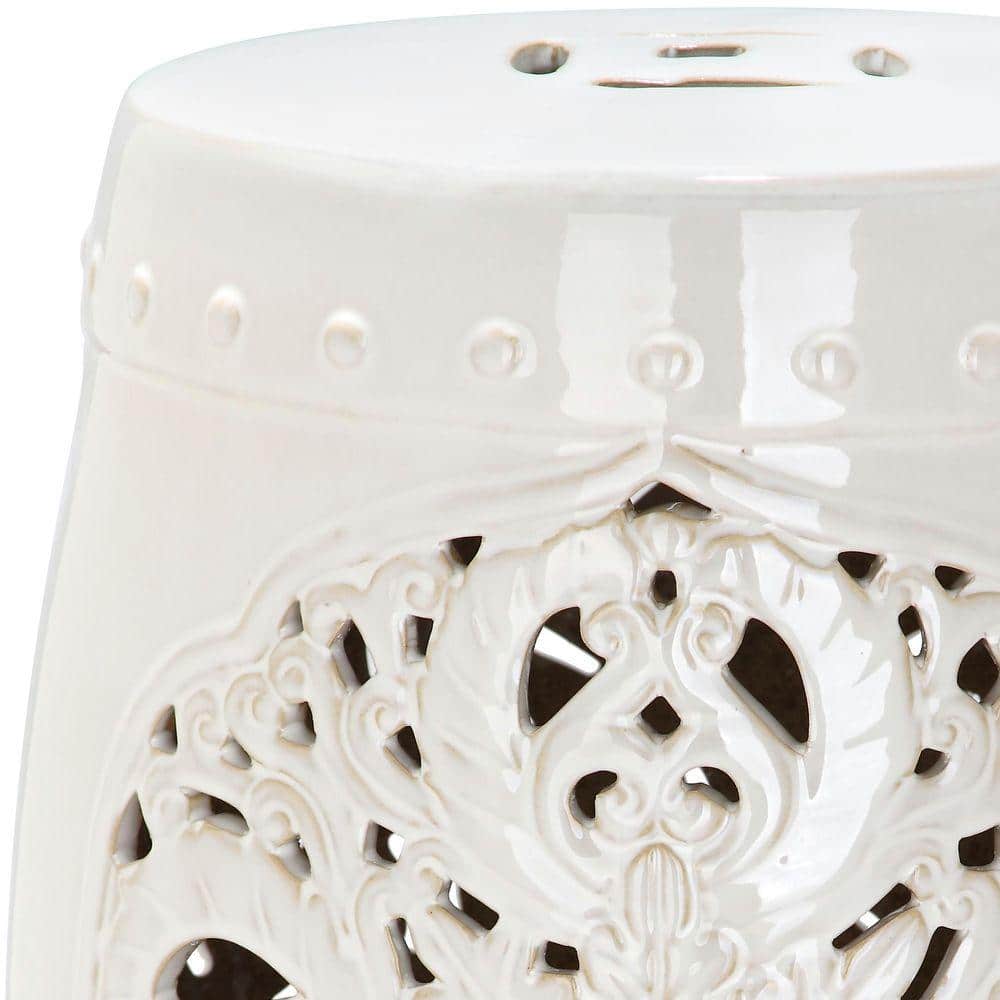 Flora White Glazed Ceramic Garden Stool with Leaf Motif