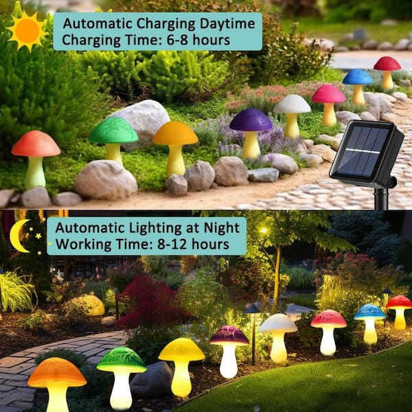 9 in. Mushroom Multicolor Metal Solar Garden Torch Waterproof LED
