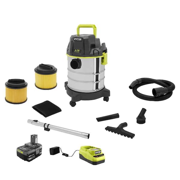 RYOBI ONE+ 18V Cordless 4.75 Gallon Wet/Dry Vacuum Kit with 4.0 Ah Battery, Charger, and Replacement Filter