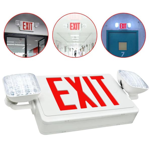 KOAOEIRS Fire Resistant 120/277V White Integrated LED Exit Emergency Light with 3.6V Battery and 2 Adjustable Lamp, 90 Min Backup
